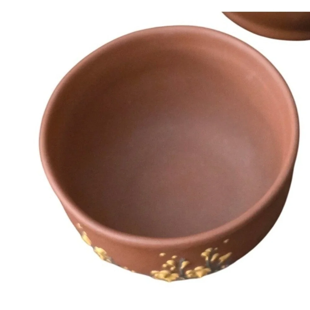 Yixing Zisha Clay Teapot Set Hand Painted Plum Blossom Branch 3pc Tea Set‎ Brown